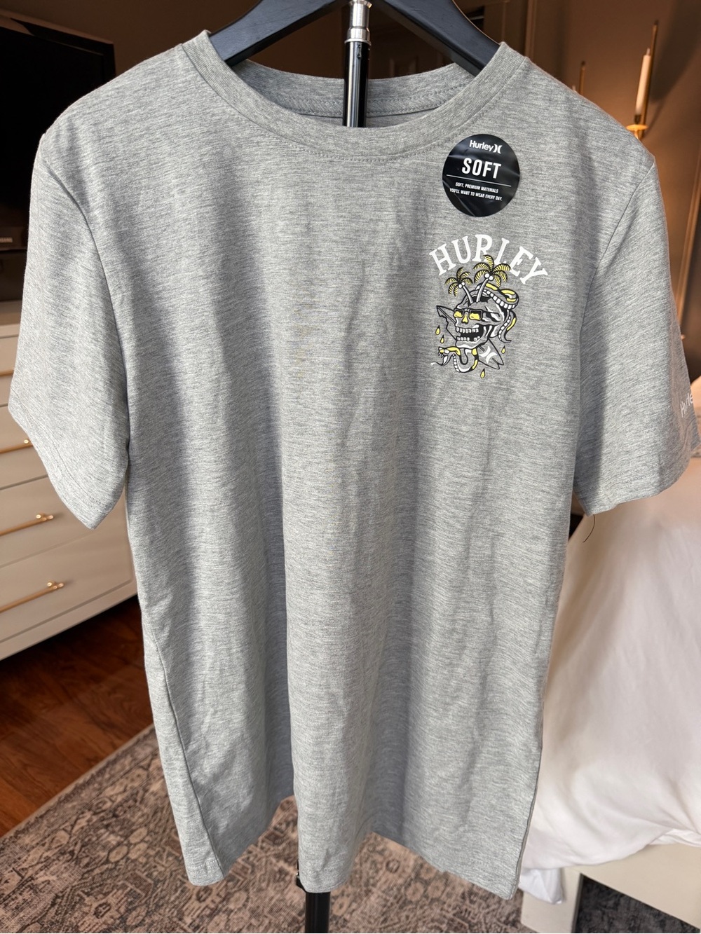 Hurley Boys XL Grey Graphic T-Shirt Skull Snake Palm Trees NWT